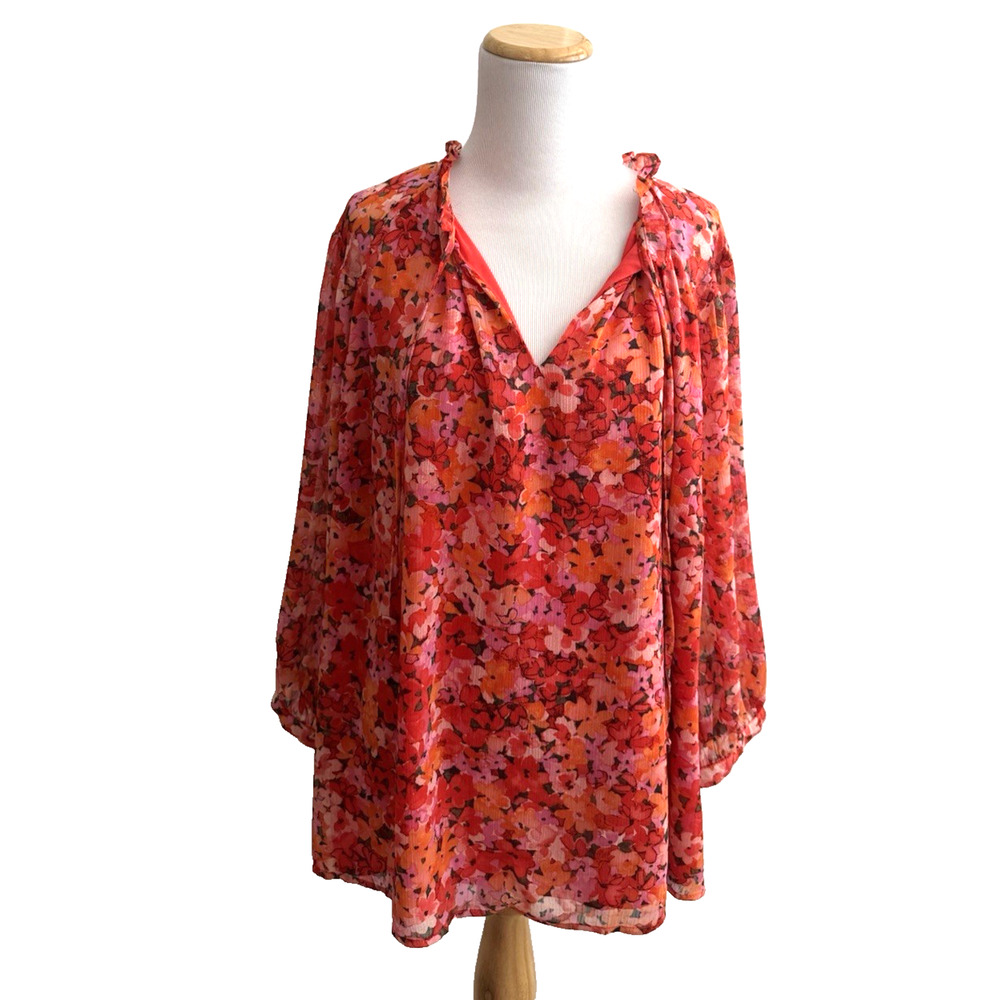 Vince Camuto Blouse 3X Red Orange Pink Floral Sheer Overlay Lined Peasant Top